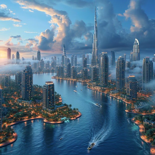 Panoramic view of Dubai Marina skyline.