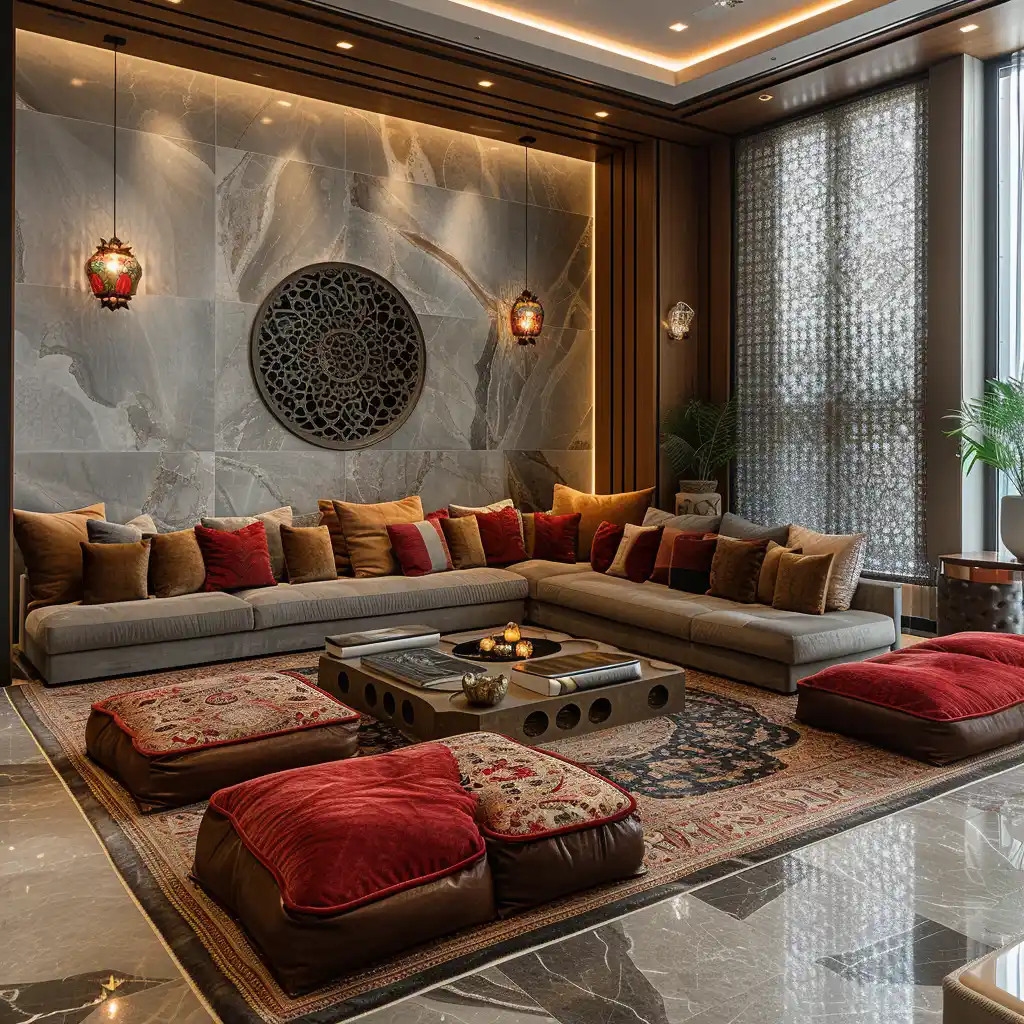 Top Dubai's Interior Design, A luxurious interior space in Dubai that combines modern design principles with traditional Arabesque details