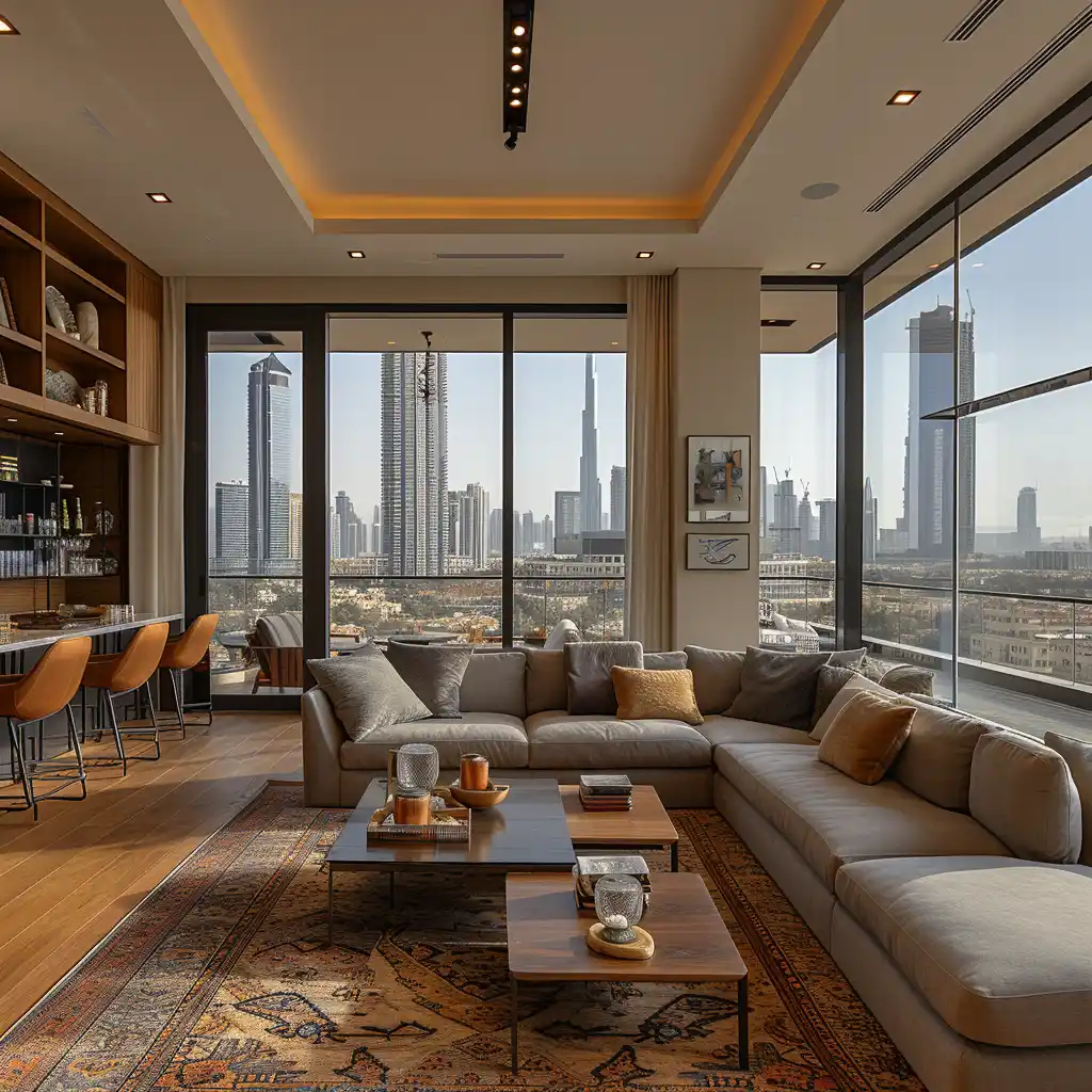 Top Dubai's Interior Design, An elegantly designed room in Dubai featuring bespoke furniture and distinctive artwork, illustrating the concept of custom solutions for unique spaces