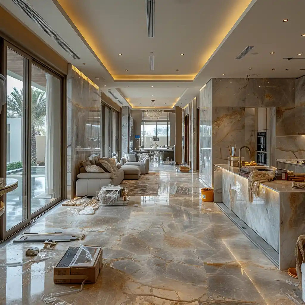 Top Dubai's Interior Design, A modern living space in Dubai showcasing innovative decor and smart design elements, including energy-efficient lighting.